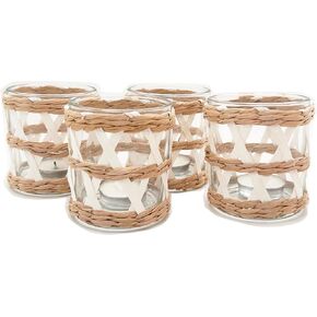 Pack 4 Woven Rattan Tealight Candle Holder Candle Lantern, Coastal Tropical Boho Glass Tea Light Holder Votive Candle Holders, Natural Seagrass Hand Woven Votive Candle Holder