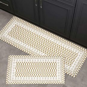 FRESHMINT 2 Piece Kitchen Mat, Anti-Fatigue Cushioned Kitchen Mats Set for Floor, Waterproof Non Slip Comfort Standing Mat, Scandi Minimalist Kitchen Rug, 17"x30"+17"x47", Khaki Tan Geo Brushstroke