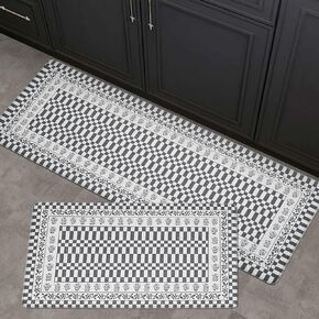 FRESHMINT 2 Piece Kitchen Mat, Anti-Fatigue Cushioned Kitchen Mats Set for Floor, Waterproof Non Slip Comfort Standing Mat, Scandi Minimalist Kitchen Rug, 17"x30"+17"x47", Khaki Tan Geo Brushstroke