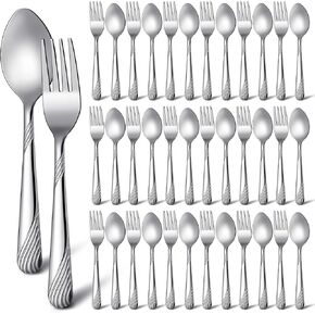 50 Pcs Forks and Spoons Silverware Set Stainless Steel Flatware Cutlery Set Heavy Duty Metal Spoons and Forks Set for Kitchen Utensil Dinner Restaurant Home, Mirror Polished, Dishwasher Safe (Flower)