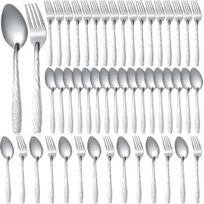 50 Pcs Forks and Spoons Silverware Set Stainless Steel Flatware Cutlery Set Heavy Duty Metal Spoons and Forks Set for Kitchen Utensil Dinner Restaurant Home, Mirror Polished, Dishwasher Safe (Flower)