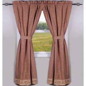 Primitive Home Decors Berry Vine Gingham Barn Red and Nutmeg 84" x 86" Lined Cotton Drapery Panels