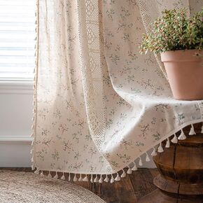 Boho Living Room Curtains 2 Panels Vintage Fringe Crochet Lace Curtains Panel Bedroom Window Farmhouse Vintage Printed Floral Curtains, 59″W x 63″L