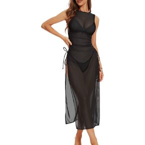 Swimsuit Women Cover Up High Split Drawstring Mesh Dress for Women Swimwear Bikini Cover Up See Through Dress Sheer Dress