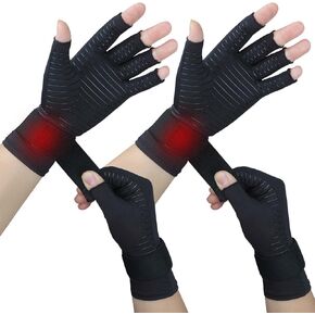 2 Pairs Copper Arthritis Gloves for Women Men, Fingerless Compression Gloves Relieve Hand Pain, Typing Gloves for Arthritis, Carpal Tunnel, Tendonitis, RSI with Adjustable Wrist Strap (Small/Medium)