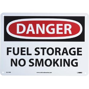 NMC D279RB OSHA Sign, Legend "DANGER - FUEL STORAGE NO SMOKING", 14" Length x 10" Height, Rigid Plastic, Black/Red on White