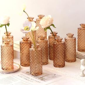 6pcs Glass Vase Bud Small Vase Set Flower Vase in Bulk Diamond Texture Mini Vintage Vases for Table Centerpiece, Home Decoration, Wedding, Party Decor, Amber