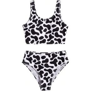 WDIRARA Girl's Cow Print 2 Piece Swimsuit Scoop Neck Tank Cute Bathing Suit Beachwear