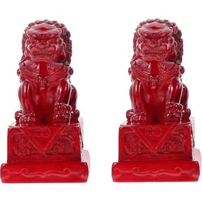 Pair of Guardian Lion Statues Feng Shui Wealth Porsperity Fu Foo Dogs for Housewarming Fortune and Exorcism Red