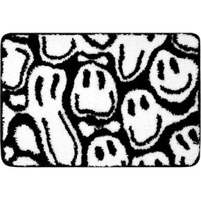 Smile Face Rug 16" x 24" Preppy Rug Cute Bath Mats for Bathroom Preppy Room Decor Aesthetic Carpet Non Slip Mat Washable Plush Bath Rug for Bedroom Classroom Decorations(Black)
