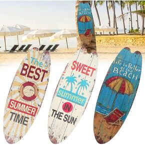 Set of 3 Wooden SurfBoard Wall Decoration, Beach Themed Wood Plaques Surfboard Signs, 17.71in Surfboard Art Wall Decor Outdoor, Nautical Summer Decor for Seaside Wall Tropical Bar Home Party Decor