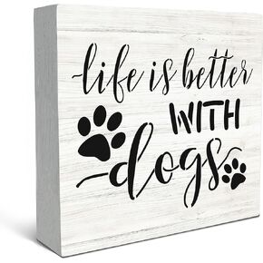 Life is Better with Dogs Wood Box Sign Desk Decor，Dog Lovers Saying Rustic Wooden Block Box Sign Decoration For Home Living Room Shelf Table Decor