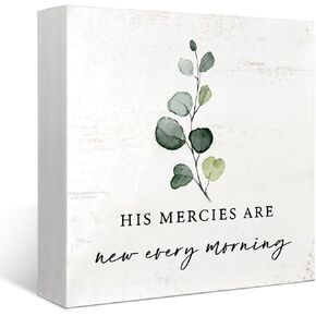 Bible Verses Desk Decor Wood Box Sign,Inspirational Gifts Office Decor For Women Coworkers Wood Block Plaque His Mercies are New Every Morning Home Desk Shelf Indoor Office Decor