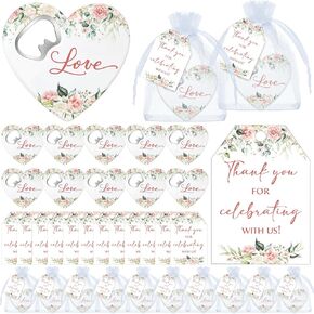 25 Set Bridal Shower Thank You Gifts for Guests 25 Heart Shaped Bottle Opener Fridge Magnet with 25 Bridal Shower Thank You Card and 25 Organza Bag Bridal Party Favors for Wedding Souvenirs