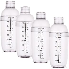 Cedilis 4 Pack Plastic Shaker Cocktail, 700cc / 24 oz Bar Tool for Milk Wine Mixing, Hand Drink Mixer with Scales, Clear Boba Tea Shaker Cup