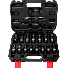 LLNDEI 3/8" Drive Universal Impact Socket Set, 19 Pieces CR-MO Swivel Socket Set, Metric(8-22mm) Wobble Sockets 6 Point with Extension Bars, Adapter and Black Organizer