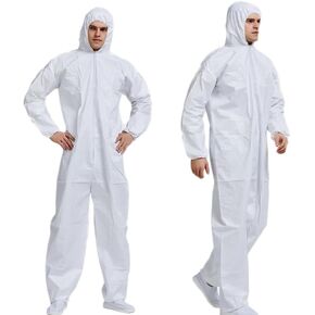 Disposable Protective Coverall with Hood 4 Sizes Options Zip Front Elastic Wrists & Ankles White 6 Pack