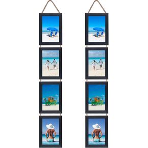 4x6 Hanging Collage Picture Frame Set, Rustic 8 Opening Horizontal Frames Display 4 by 6 Photos Prints for Wall Decor