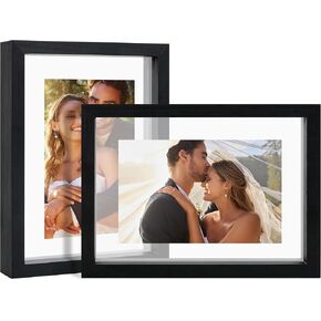 8x10 Floating Frame Set of 2,Display 5x7 6x8 4x6 or 3x5 Photo for Floating Effect, Double Glass Rustic Photo Frame for Wall Hanging or Tabletop Standing, Beige