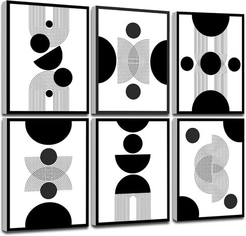 Framed Abstract Wall Art, Modern Boho Black and White Wall Decor Geometric Canvas Wall Art for Living Room Bedroom Bathroom Office, Ready to Hang (Set of 6, 8x10 Inch, Framed) in Saudi Arabia