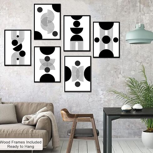 Framed Abstract Wall Art, Modern Boho Black and White Wall Decor Geometric Canvas Wall Art for Living Room Bedroom Bathroom Office, Ready to Hang (Set of 6, 8x10 Inch, Framed) in Saudi Arabia