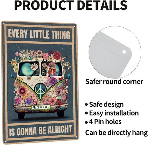 JOCASA Vintage Hippie Metal Poster Every Little Thing Is Gonna Be Alright Sign Room Decor-Retro Hippie Wall Decor Aluminum Metal Tin Sign for Home Office Bedroom Wall Decor, Signs Gift,12''x 8'' in Saudi Arabia