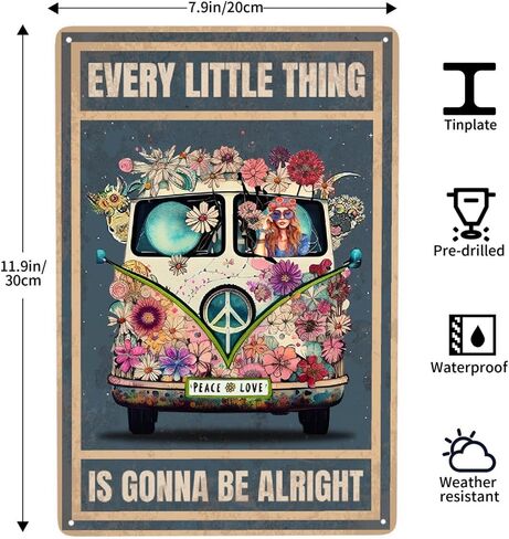 JOCASA Vintage Hippie Metal Poster Every Little Thing Is Gonna Be Alright Sign Room Decor-Retro Hippie Wall Decor Aluminum Metal Tin Sign for Home Office Bedroom Wall Decor, Signs Gift,12''x 8'' in Saudi Arabia