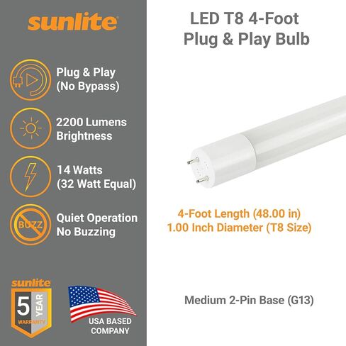 Sunlite 87925 LED T8 Plug & Play light Tube (Type A) 4 foot, 14 Watt (32W Equivalent) 2200 Lumens, Medium G13 Bi-Pin Base, Dual End Connection, Electronic Ballast Compatible, 3000K Warm White, 25 Pack in Saudi Arabia