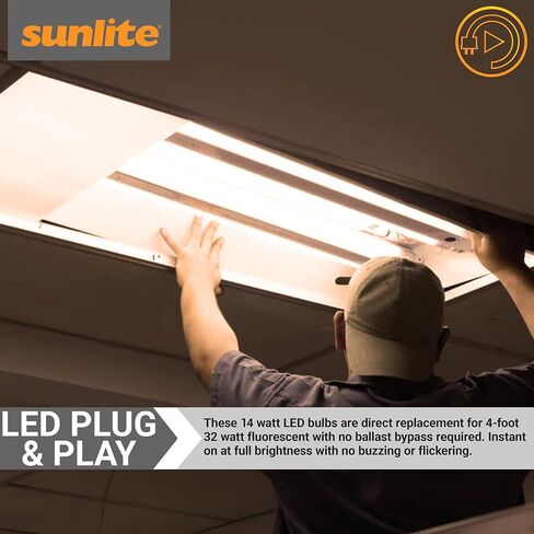 Sunlite 87925 LED T8 Plug & Play light Tube (Type A) 4 foot, 14 Watt (32W Equivalent) 2200 Lumens, Medium G13 Bi-Pin Base, Dual End Connection, Electronic Ballast Compatible, 3000K Warm White, 25 Pack in Saudi Arabia