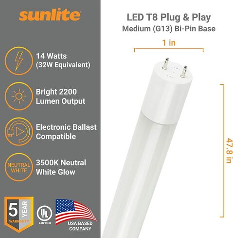 Sunlite 87925 LED T8 Plug & Play light Tube (Type A) 4 foot, 14 Watt (32W Equivalent) 2200 Lumens, Medium G13 Bi-Pin Base, Dual End Connection, Electronic Ballast Compatible, 3000K Warm White, 25 Pack in Saudi Arabia