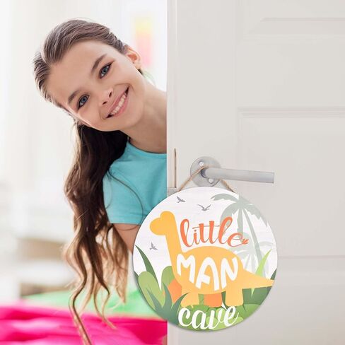 Little Man Cave Sign, Wooden Round Door Sign for Little Boy Nursery Room Wall Art, Wood Baby Toddler Kids Bedroom Living Room Hanging Rustic Wood Sign Decor, Toddler Boy Room Decor -Dinosaur in Kuwait