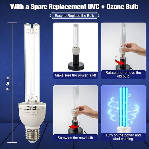 ضوء الأشعة فوق البنفسجية 25 وات، مصباح UVC مع قاعدة E27 ومصباح UVC بديل، لمبة إضاءة UV للطابق السفلي/غرفة النوم/المطبخ، مع الأوزون in Kuwait