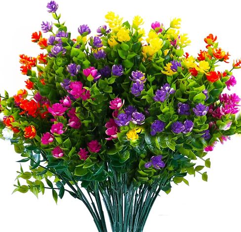 16 Bundles Artificial Flowers for Outdoors, Plastic Flowers, UV Resistant Fake Plants Faux Greenery Shrubs for Garden Outdoor Indoor Home Hanging Planter Patio Window Box Farmhouse Decor (4 Colors) in Saudi Arabia