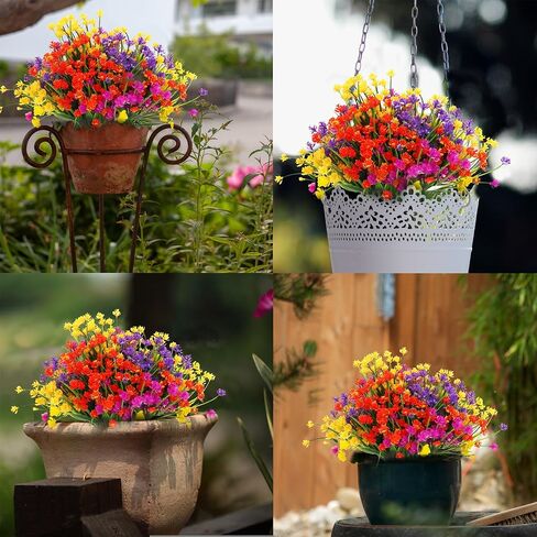 16 Bundles Artificial Flowers for Outdoors, Plastic Flowers, UV Resistant Fake Plants Faux Greenery Shrubs for Garden Outdoor Indoor Home Hanging Planter Patio Window Box Farmhouse Decor (4 Colors) in Saudi Arabia