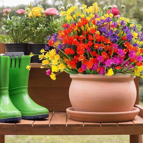 16 Bundles Artificial Flowers for Outdoors, Plastic Flowers, UV Resistant Fake Plants Faux Greenery Shrubs for Garden Outdoor Indoor Home Hanging Planter Patio Window Box Farmhouse Decor (4 Colors) in Saudi Arabia