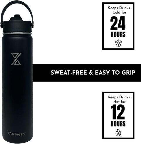 Yaa Fresh 24Oz BPA-Free 24 Hr Cold/12 Hr Hot Insulated Stainless Steel Sports Water Bottle with Straw and Lid, Food-grade Double Walled, Leakproof, Insulated Thermos, Wide Mouth for Men, Women & Kids in Saudi Arabia