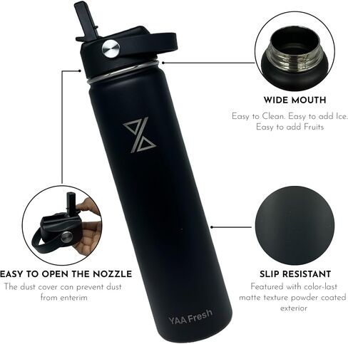 Yaa Fresh 24Oz BPA-Free 24 Hr Cold/12 Hr Hot Insulated Stainless Steel Sports Water Bottle with Straw and Lid, Food-grade Double Walled, Leakproof, Insulated Thermos, Wide Mouth for Men, Women & Kids in Saudi Arabia