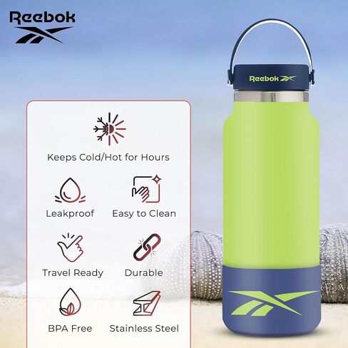Reebok Stainless Steel Wide Mouth Water Bottle With Flex Cap For Outdoor - 40 oz - Double Wall Vacuum Insulated Sports Water Bottle With Silicone Sleeves, BPA Free in Saudi Arabia