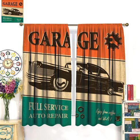 Vintage Car Curtains 1950s License Plate Garage Badge Repair Tools Pattern Print Kitchen Curtains Boys Bedroom Blackout Curtains Lovers Noise Reduction and Insulation Curtains 42x45 Inches 2 Panels in Saudi Arabia