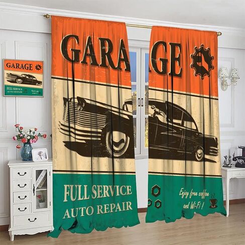 Vintage Car Curtains 1950s License Plate Garage Badge Repair Tools Pattern Print Kitchen Curtains Boys Bedroom Blackout Curtains Lovers Noise Reduction and Insulation Curtains 42x45 Inches 2 Panels in Saudi Arabia