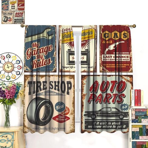 Vintage Car Curtains 1950s License Plate Garage Badge Repair Tools Pattern Print Kitchen Curtains Boys Bedroom Blackout Curtains Lovers Noise Reduction and Insulation Curtains 42x45 Inches 2 Panels in Saudi Arabia
