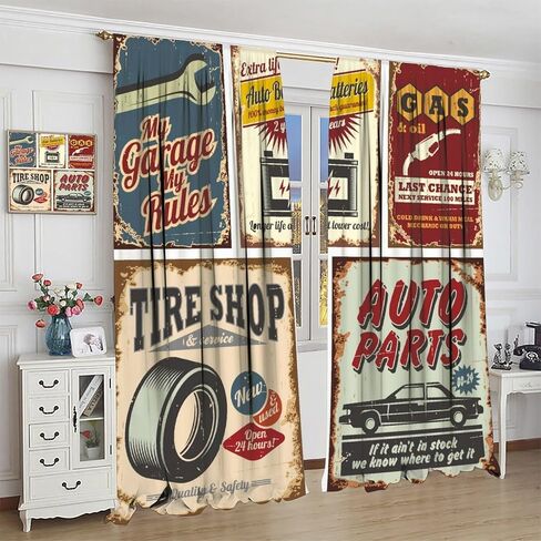 Vintage Car Curtains 1950s License Plate Garage Badge Repair Tools Pattern Print Kitchen Curtains Boys Bedroom Blackout Curtains Lovers Noise Reduction and Insulation Curtains 42x45 Inches 2 Panels in Saudi Arabia