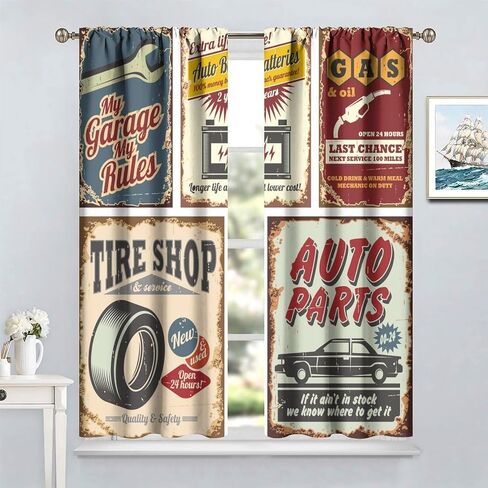 Vintage Car Curtains 1950s License Plate Garage Badge Repair Tools Pattern Print Kitchen Curtains Boys Bedroom Blackout Curtains Lovers Noise Reduction and Insulation Curtains 42x45 Inches 2 Panels in Saudi Arabia