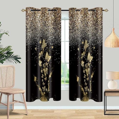 ستائر الفراشة الذهبية 2 لوحات مجموعة الفراشات الذهبية والأسود ستائر التعتيم بريق نافذة الستارة لغرفة النوم وغرفة المعيشة 42 × 63 بوصة in Kuwait