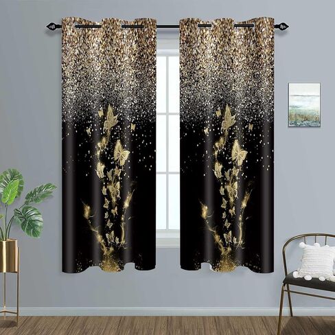 ستائر الفراشة الذهبية 2 لوحات مجموعة الفراشات الذهبية والأسود ستائر التعتيم بريق نافذة الستارة لغرفة النوم وغرفة المعيشة 42 × 63 بوصة in Kuwait