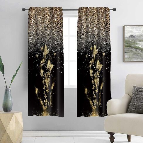 ستائر الفراشة الذهبية 2 لوحات مجموعة الفراشات الذهبية والأسود ستائر التعتيم بريق نافذة الستارة لغرفة النوم وغرفة المعيشة 42 × 63 بوصة in Kuwait