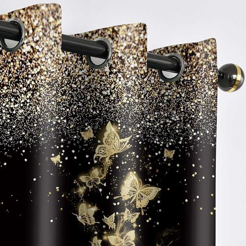 ستائر الفراشة الذهبية 2 لوحات مجموعة الفراشات الذهبية والأسود ستائر التعتيم بريق نافذة الستارة لغرفة النوم وغرفة المعيشة 42 × 63 بوصة in Kuwait