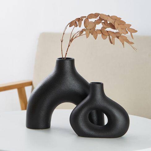 Black Ceramic Vases Set of 2, Modern Decorative Flower Vase, Minimalism Retro Vase for Home Office Decor Bedroom Living Room Kitchen Wedding Dinng Table Centerpiece Decoration Pampas Grass in Saudi Arabia