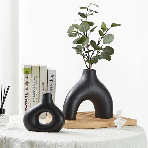 Black Ceramic Vases Set of 2, Modern Decorative Flower Vase, Minimalism Retro Vase for Home Office Decor Bedroom Living Room Kitchen Wedding Dinng Table Centerpiece Decoration Pampas Grass in Saudi Arabia