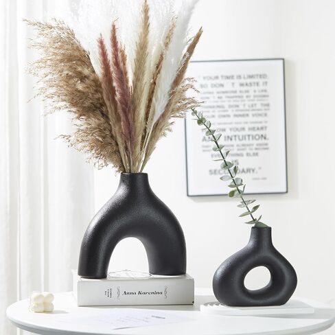 Black Ceramic Vases Set of 2, Modern Decorative Flower Vase, Minimalism Retro Vase for Home Office Decor Bedroom Living Room Kitchen Wedding Dinng Table Centerpiece Decoration Pampas Grass in Saudi Arabia